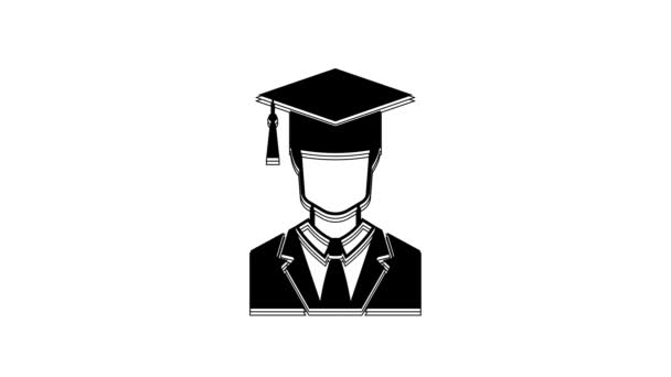黑色男研究生简介与礼服和毕业帽图标隔离的白色背景 4K视频运动图形动画 — 图库视频影像