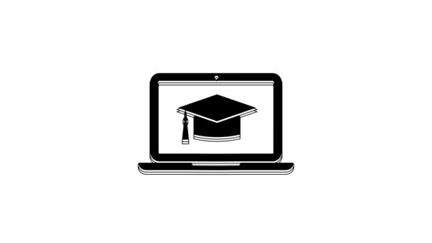 Svart Graduation Mössa Skärmen Laptop Ikon Isolerad Vit Bakgrund Nätbaserad — Stockvideo