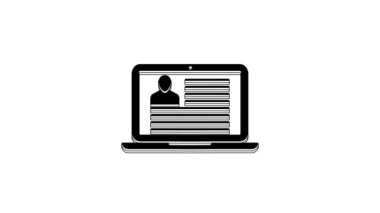 Black Laptop with resume icon isolated on white background. CV application. Searching professional staff. Analyzing personnel resume. 4K Video motion graphic animation.