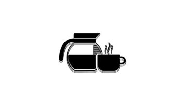 Black Coffee pot with cup icon isolated on white background. 4K Video motion graphic animation.