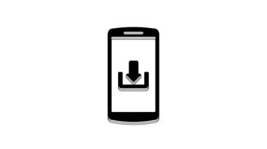 Beyaz arkaplanda indirme simgesi olan siyah akıllı telefon. 4K Video hareketli grafik canlandırması.