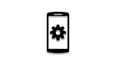 Black Setting on smartphone icon isolated on white background. Mobile and gear. Adjusting, service, setting, maintenance, repair, fixing. 4K Video motion graphic animation.