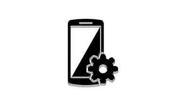 Black Setting on smartphone icon isolated on white background. Mobile and gear. Adjusting, service, setting, maintenance, repair, fixing. 4K Video motion graphic animation.