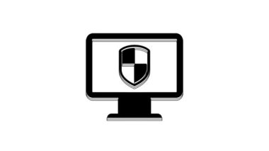 Black Monitor and shield icon isolated on white background. Computer security, firewall technology, internet privacy safety or antivirus. 4K Video motion graphic animation.