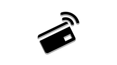 Beyaz arka planda NFC kart simgesi olan siyah temassız ödeme. Üzerinde radyo dalgası işareti olan kart. Kredi kartı ödemesi. 4K Video hareketli grafik canlandırması.
