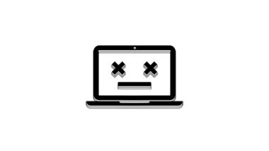 Siyah Ölü dizüstü bilgisayar simgesi beyaz arkaplanda izole edildi. Ölü emojili dizüstü bilgisayar gibi 404 hata. Bilgisayar sisteminde ölümcül hata. 4K Video hareketli grafik canlandırması.
