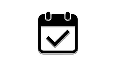 Black Calendar with check mark icon isolated on white background. 4K Video motion graphic animation.