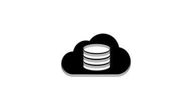 Black Cloud database icon isolated on white background. Cloud computing concept. Digital service or app with data transferring. 4K Video motion graphic animation.