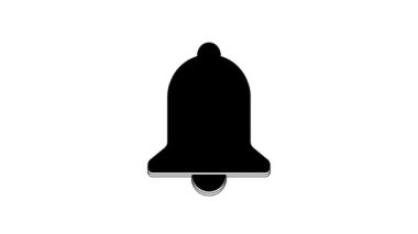 Beyaz arkaplanda siyah zil simgesi izole edildi. Alarm sembolü, servis zili, el zili işareti, uyarı sembolü. 4K Video hareketli grafik canlandırması.