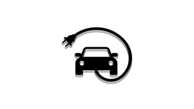 Siyah elektrikli araba ve elektrik kablosu şarj ikonu beyaz arka planda izole edildi. Yenilenebilir ekolojik teknolojiler. 4K Video hareketli grafik canlandırması.