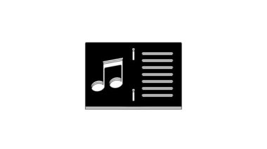Beyaz arkaplanda izole edilmiş not simgesi olan siyah müzik kitabı. Notalı nota kağıdı. Müzik notaları için not defteri. 4K Video hareketli grafik canlandırması.