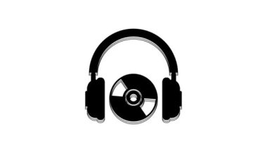 Beyaz arkaplanda siyah kulaklıklar ve CD veya DVD simgesi izole edildi. Kulaklık işareti. Küçük disk sembolü. 4K Video hareketli grafik canlandırması.