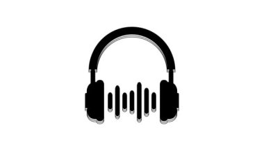 Black Headphone and sound waves icon isolated on white background. Concept object for listening to music, service, communication and operator. 4K Video motion graphic animation.