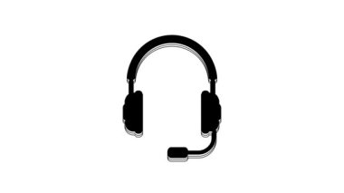 Black Headphones with microphone icon isolated on white background. Concept object for listening to music, service, communication and operator. 4K Video motion graphic animation.