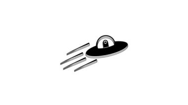 Black UFO flying spaceship and alien icon isolated on white background. Flying saucer. Alien space ship. Futuristic unknown flying object. 4K Video motion graphic animation.