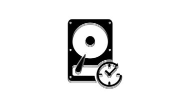 Black Hard disk drive with clockwise sign, data recovery icon isolated on white background. 4K Video motion graphic animation.