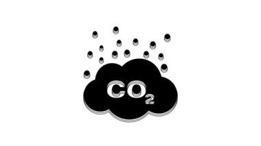 Bulut simgesindeki siyah CO2 emisyonları beyaz arka planda izole edildi. Karbondioksit formülü sembolü, duman kirliliği konsepti, çevre konsepti. 4K Video hareketli grafik canlandırması.
