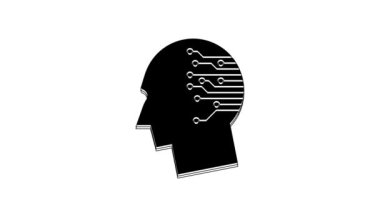Black Human brain as digital circuit board icon isolated on white background. Artificial Intelligence. Human head outline with circuit lines inside. 4K Video motion graphic animation.