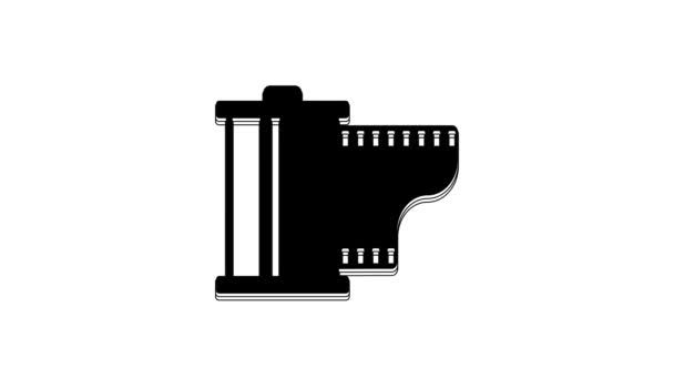白の背景に隔離されたブラックカメラヴィンテージフィルムロールカートリッジアイコン フィルムリール 35Mmフィルムキャニスター フィルムストリップ写真家 4Kビデオモーショングラフィックアニメーション — ストック動画