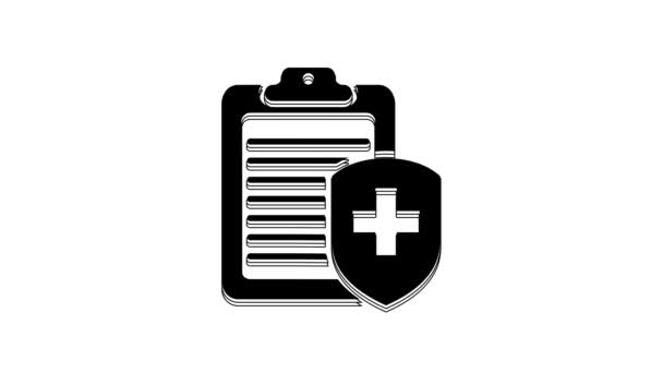 白の背景に隔離された医療保険アイコンと黒のクリップボード 患者保護 クリップボードとクロスシールド 4Kビデオモーショングラフィックアニメーション — ストック動画