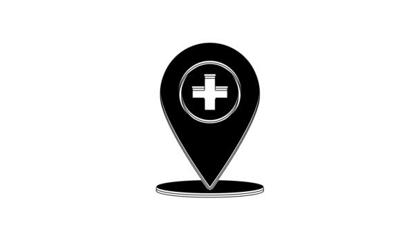 Puntero Mapa Médico Negro Con Icono Hospital Cruzado Aislado Sobre — Vídeo de stock