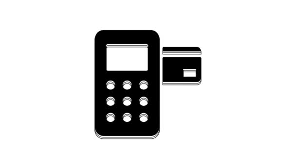白の背景に隔離されたクレジットカードのアイコンが挿入されたブラックポス端子 決済端末取引 4Kビデオモーショングラフィックアニメーション — ストック動画