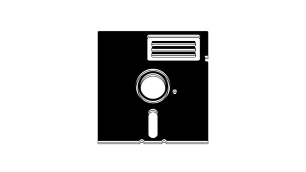 白の背景に隔離された5 25インチのアイコンの黒いフロッピーディスク コンピュータデータストレージ用のフロッピーディスク ディケットサイン 4Kビデオモーショングラフィックアニメーション — ストック動画