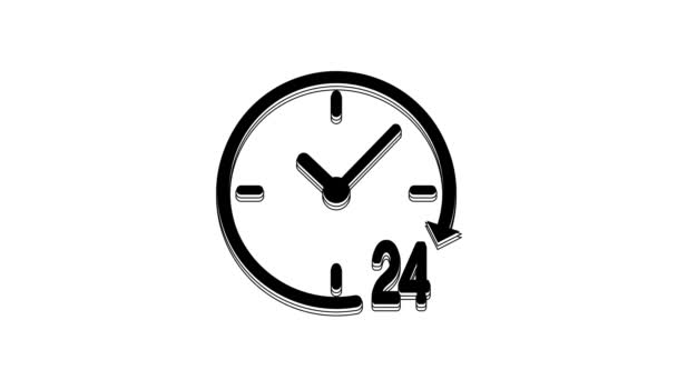 黑色时钟24小时图标隔离在白色背景 整天循环图标 24小时服务标志 4K视频运动图形动画 — 图库视频影像
