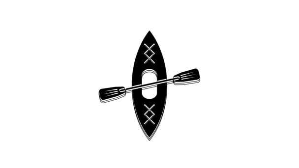 黑色独木舟和划桨图标孤立在白色背景 用于捕鱼和旅游的独木舟和独木舟 户外活动 4K视频运动图形动画 — 图库视频影像