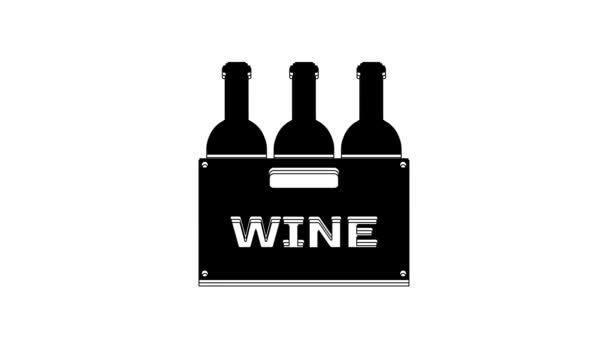 白い背景に隔離された木製の箱のアイコンのワインの黒いボトル 木製の箱のアイコンのワインボトル 4Kビデオモーショングラフィックアニメーション — ストック動画