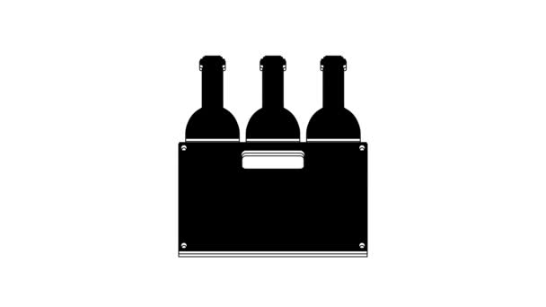 Černé Láhve Vína Dřevěné Krabici Ikony Izolované Bílém Pozadí Lahvičky — Stock video