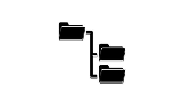 白い背景に隔離された黒いフォルダツリーアイコン コンピュータネットワークファイルフォルダの組織構造フローチャート 4Kビデオモーショングラフィックアニメーション — ストック動画