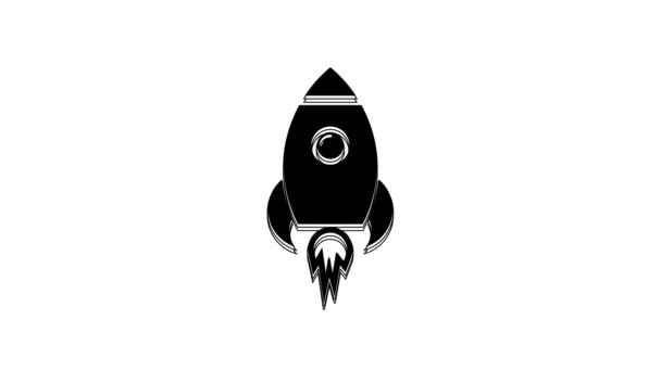 Nave Cohete Negro Con Icono Fuego Aislado Sobre Fondo Blanco — Vídeos de Stock