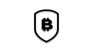 Beyaz zemin üzerinde bitcoin simgesi olan Siyah Kalkan. Kripto para madenciliği, engelleme teknolojisi, güvenlik, koruma, dijital para. 4K Video hareketli grafik canlandırması.