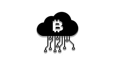 Siyah Kripto para birimi bulut maden ikonu beyaz arka planda izole. Engelleme teknolojisi, bitcoin, dijital para piyasası, kripto para cüzdanı. 4K Video hareketli grafik canlandırması.