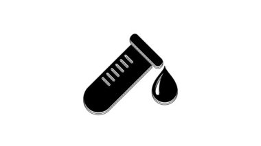 Black Test tube or flask with drop of blood icon isolated on white background. Laboratory, chemical, scientific glassware sign. 4K Video motion graphic animation.