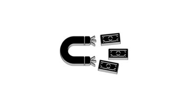 Black Magnet with money icon isolated on white background. Concept of attracting investments, money. Big business profit attraction and success. 4K Video motion graphic animation.