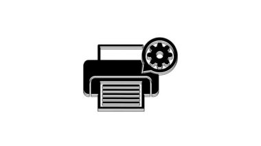 Black Printer and gear icon isolated on white background. Adjusting app, service concept, setting options, maintenance, repair, fixing. 4K Video motion graphic animation.