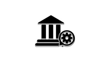 Black Bank building and gear icon isolated on white background. Adjusting app, service concept, setting options, maintenance, repair, fixing. 4K Video motion graphic animation.