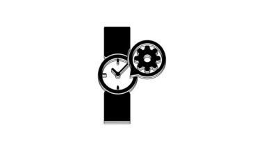 Black Wrist watch and gear icon isolated on white background. Adjusting app, service concept, setting options, maintenance, repair, fixing. 4K Video motion graphic animation.