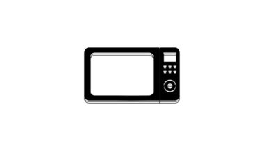 Beyaz zemin üzerinde siyah mikrodalga fırın ikonu izole edildi. Ev aletleri simgesi 4K Video hareketli grafik canlandırması.