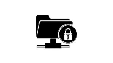 Black FTP folder and lock icon isolated on white background. Concept of software update, ftp transfer protocol. Security, safety, protection concept. 4K Video motion graphic animation.