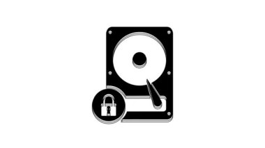 Black Hard disk drive and lock icon isolated on white background. HHD and padlock. Security, safety, protection concept. 4K Video motion graphic animation.