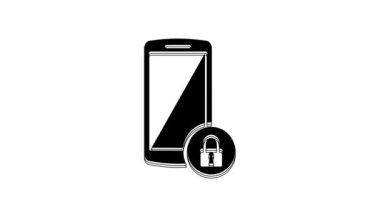 Beyaz arkaplanda kapalı asma kilit simgesine sahip siyah akıllı telefon. Kilitli telefon. Gezici güvenlik, güvenlik, koruma konsepti. 4K Video hareketli grafik canlandırması.