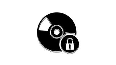 Black CD or DVD disk with closed padlock icon isolated on white background. Compact disc sign. Security, safety, protection concept. 4K Video motion graphic animation.