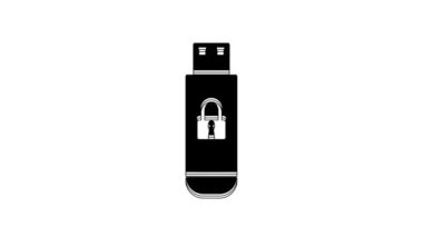 Black USB flash drive with closed padlock icon isolated on white background. Security, safety, protection concept. 4K Video motion graphic animation.