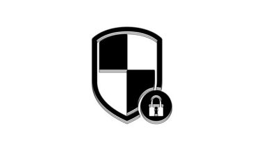 Siyah Kalkan güvenliği, beyaz arka planda kilit simgesi var. Koruma, güvenlik, şifre güvenliği. Güvenlik duvarı gizlilik levhası. 4K Video hareketli grafik canlandırması.