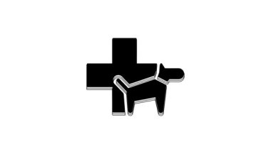 Siyah Veterinerlik Kliniği sembolü beyaz arka planda izole edilmiş. Köpek veterinerliği ile karşılaştır. Evcil hayvan ilk yardım işareti. 4K Video hareketli grafik canlandırması.
