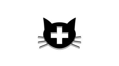 Siyah Veterinerlik Kliniği sembolü beyaz arka planda izole edilmiş. Kedi veterinerliği ile karşılaştır. Evcil hayvan ilk yardım işareti. 4K Video hareketli grafik canlandırması.