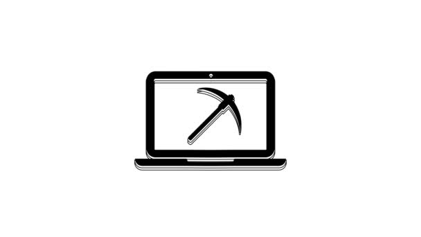 ノートパソコンと白の背景に隔離されたピック斧アイコンとブラックマイニングの概念 ブロックチェーン技術 暗号通貨マイニング デジタルマネー市場 4Kビデオモーショングラフィックアニメーション — ストック動画